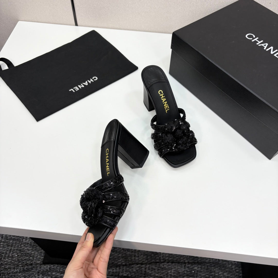 CC 25 Camellia Open Heel Mule Sandals 90mm Black Coarse Glitter Fabric And Sheepskin 368846