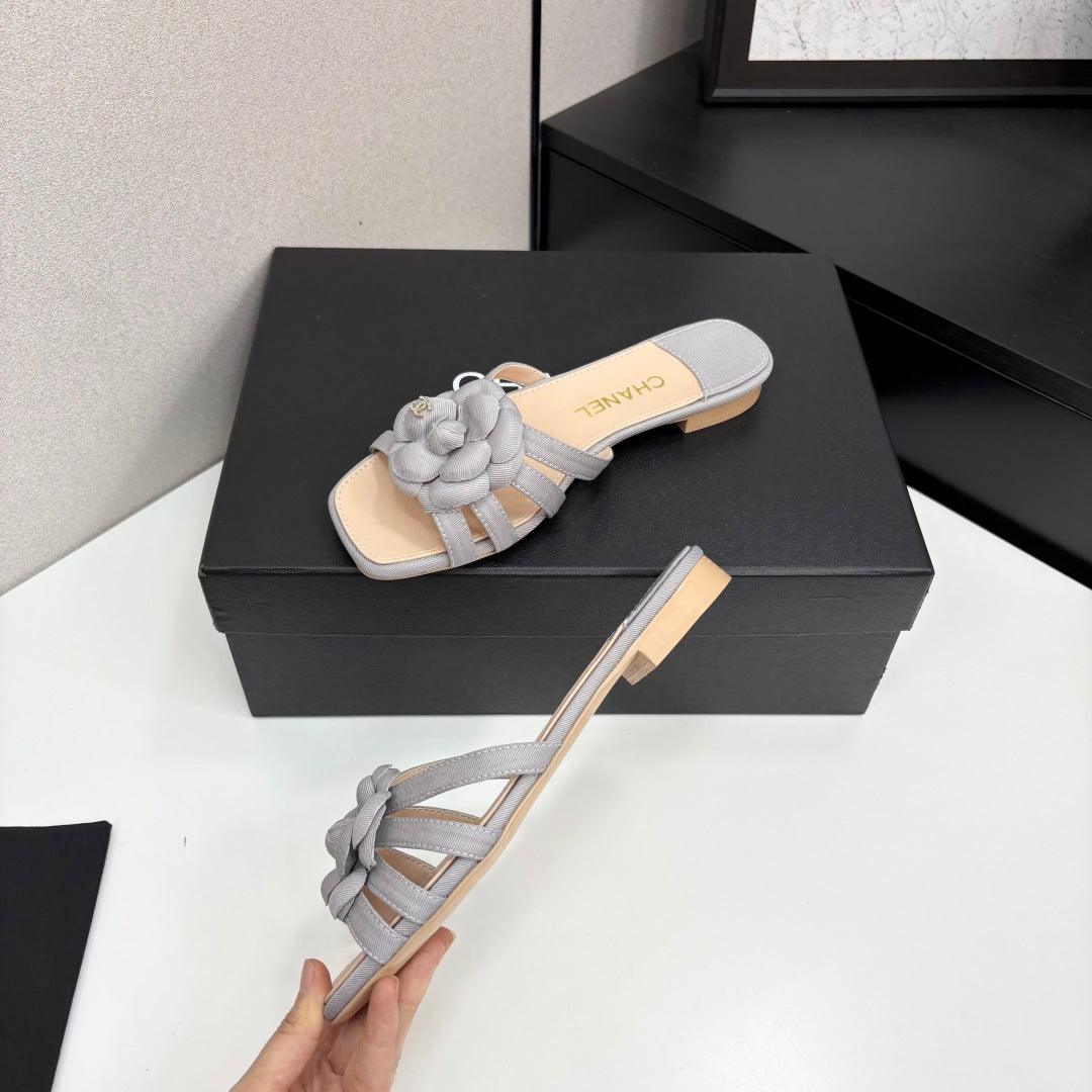 CC 25 Camellia Open Flat Mule Grey Beige Sheepskin And Fabric 368848