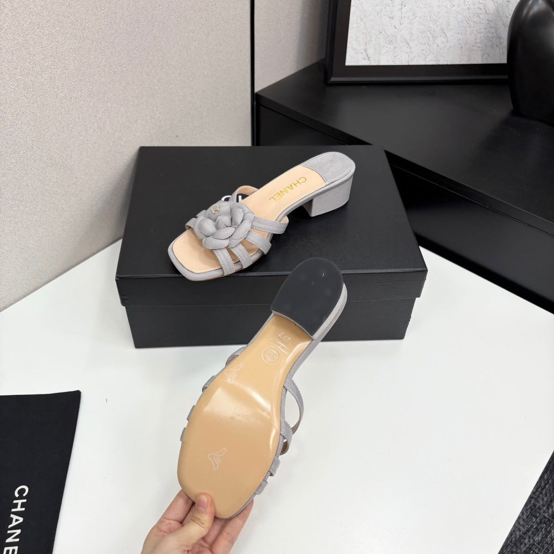 CC 25 Camellia Open Heel Mule Sandals 50mm Grey Beige Sheepskin And Fabric 368854