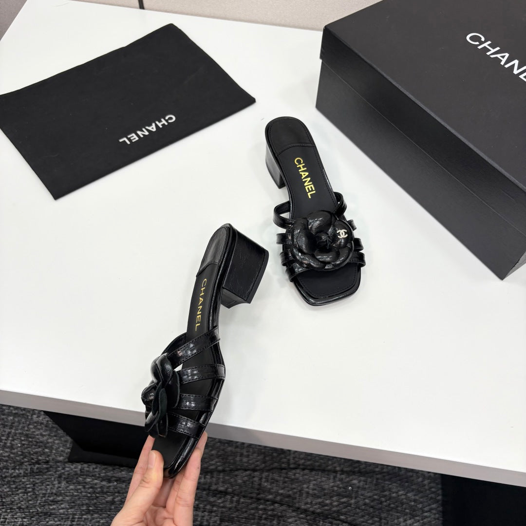 CC 25 Camellia Open Heel Mule Sandals 50mm Black Sheepskin 368855