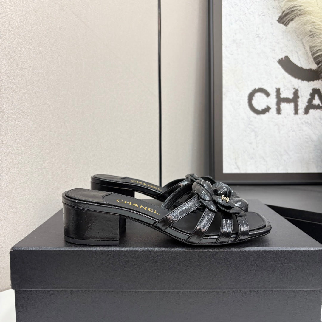 CC 25 Camellia Open Heel Mule Sandals 50mm Black Sheepskin 368855