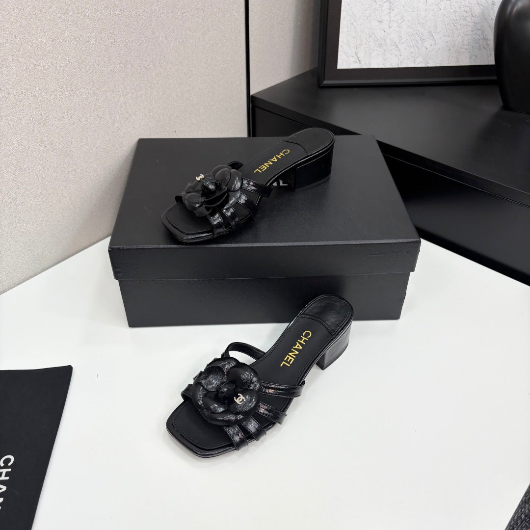 CC 25 Camellia Open Heel Mule Sandals 50mm Black Sheepskin 368855