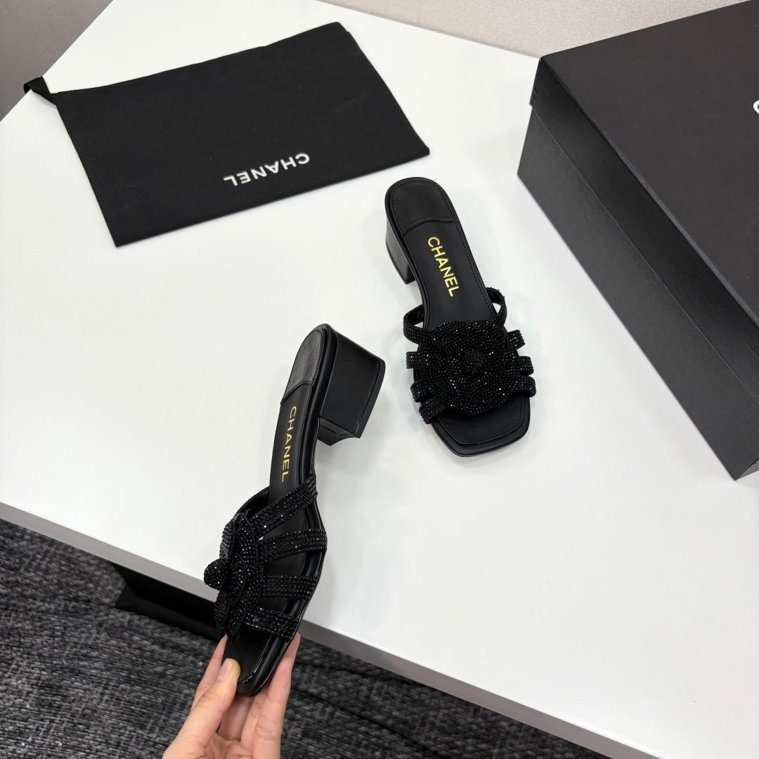 CC 25 Camellia Open Heel Mule Sandals 50mm Black Stone Grain And Sheepskin 368860
