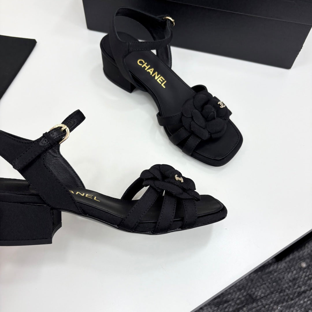 CC 25 Camellia Open Heel Sandals 50mm Black Sheepskin And Fabric 368811