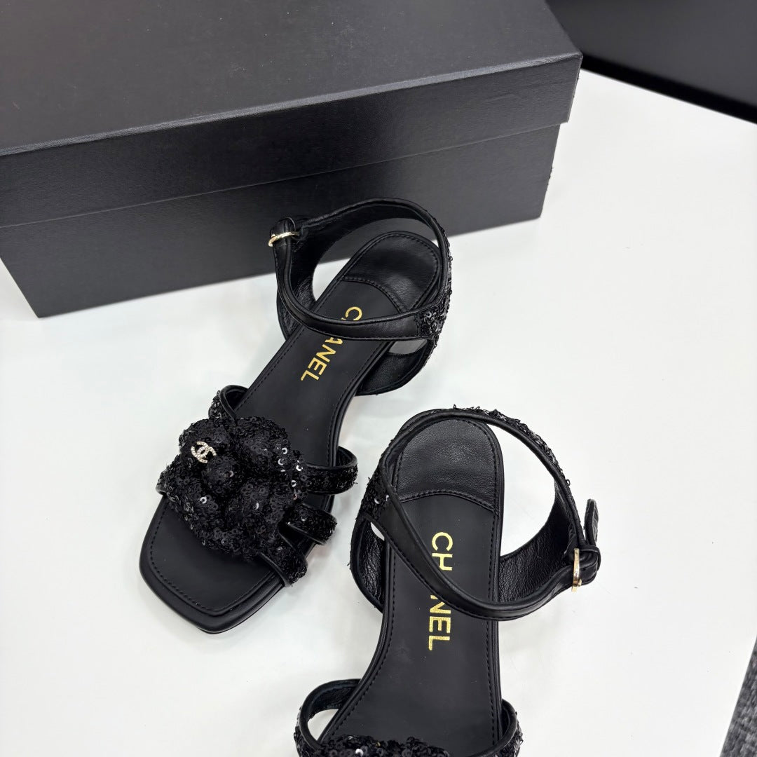 CC 25 Camellia Open Heel Sandals 50mm Black Coarse Glitter Fabric And Sheepskin 368815