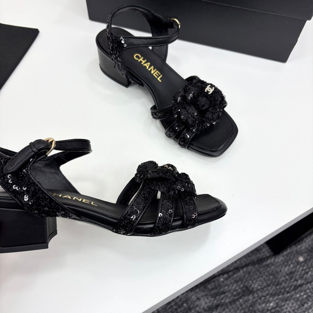 CC 25 Camellia Open Heel Sandals 50mm Black Coarse Glitter Fabric And Sheepskin 368815