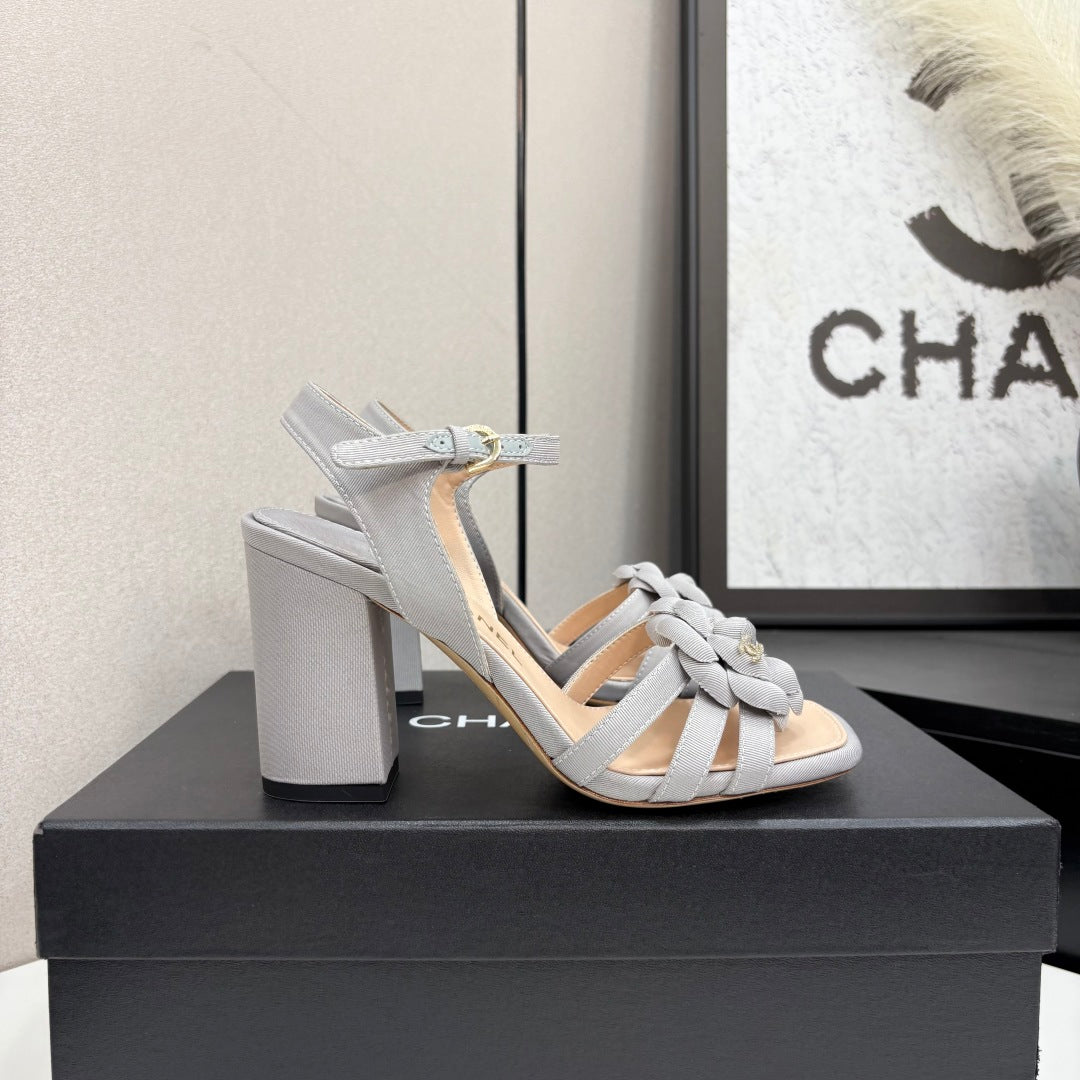 CC 25 Camellia Open Heel Sandals 90mm Grey Beige Sheepskin And Fabric 368817