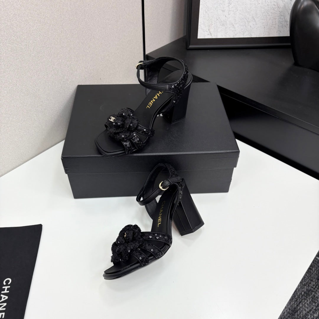CC 25 Camellia Open Heel Sandals 90mm Black Coarse Glitter Fabric And Sheepskin 368818