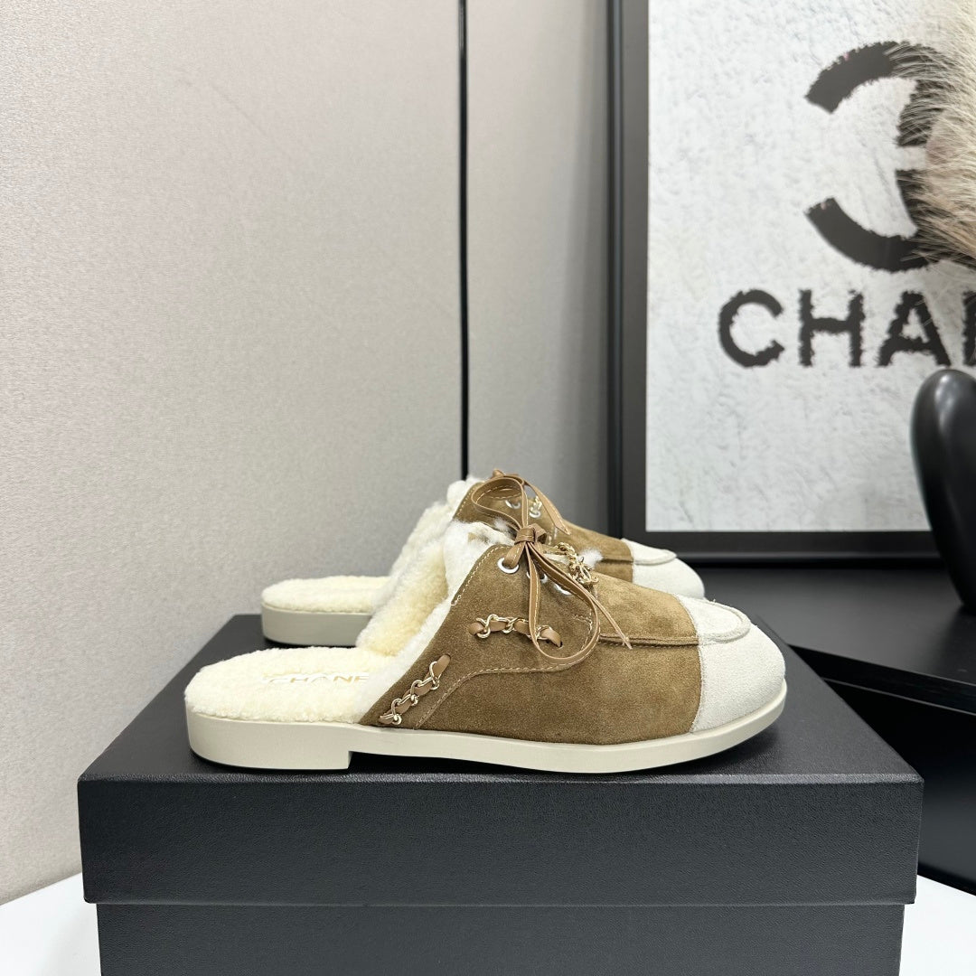 CC 26s Mules Flat Brown Suede Leather Fur 109159