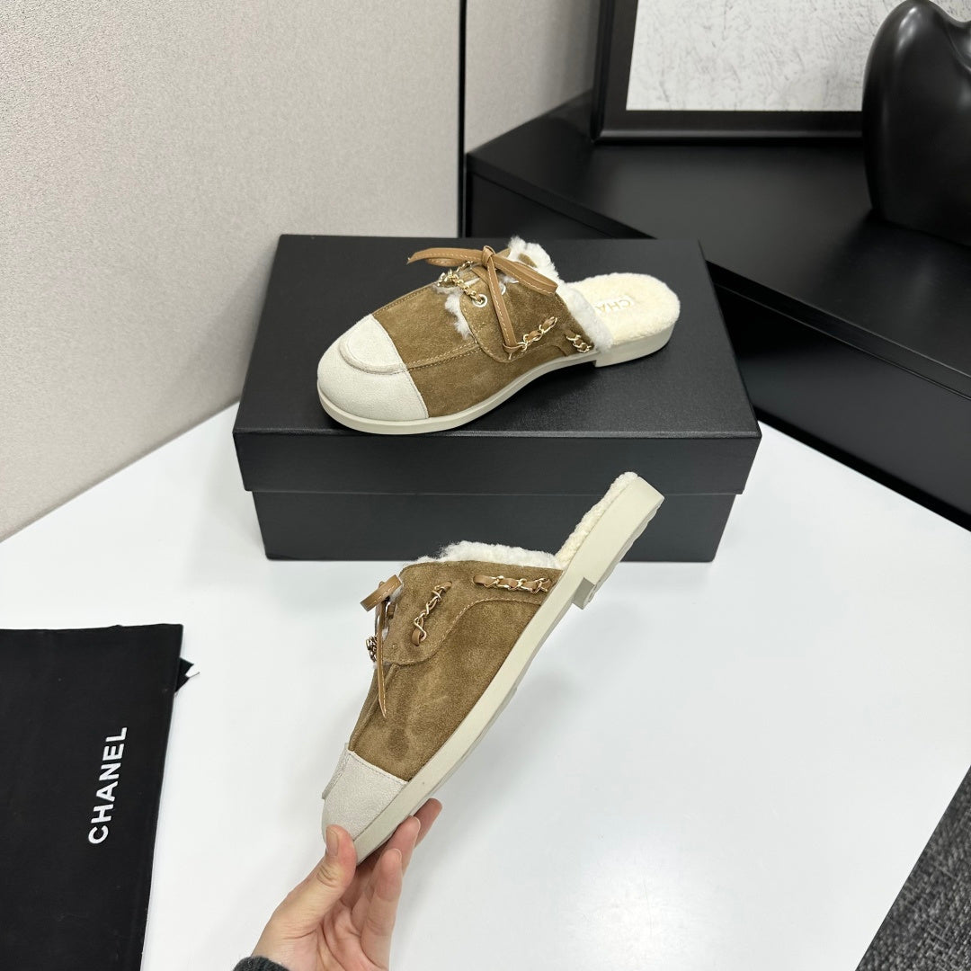 CC 26s Mules Flat Brown Suede Leather Fur 109159