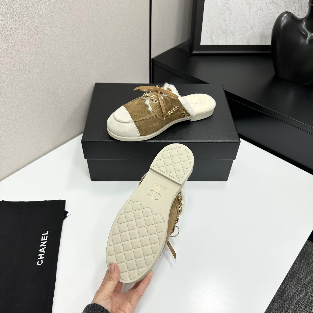 CC 26s Mules Flat Brown Suede Leather Fur 109159