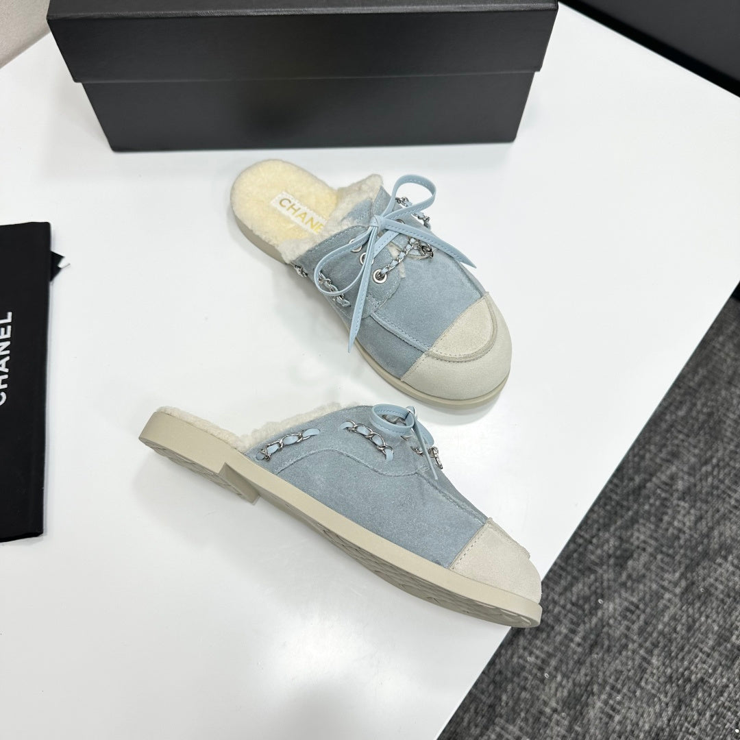 CC 26s Mules Flat Light Blue Suede Leather Fur 109161