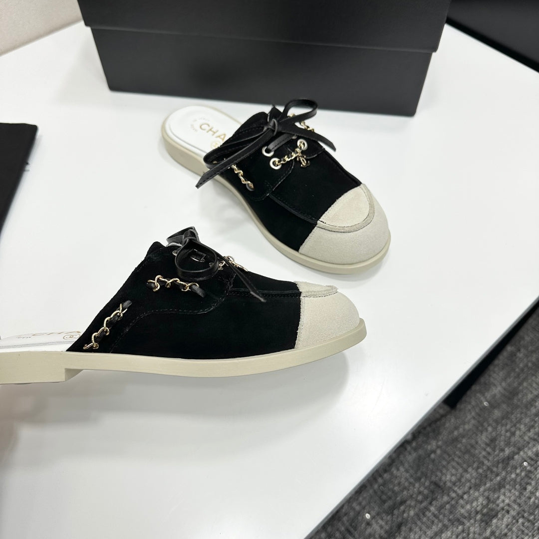 CC 26s Mules Flat Black White Suede Leather 109168