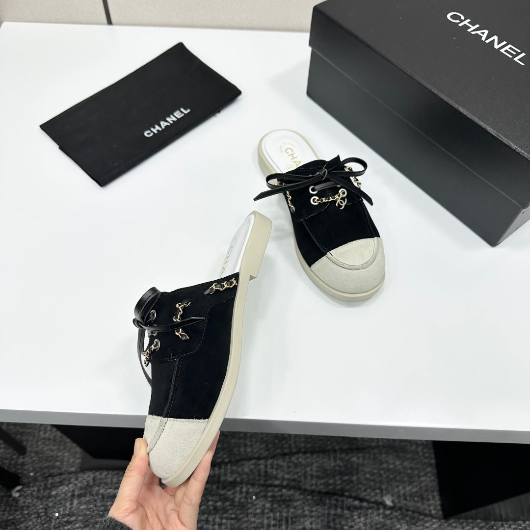 CC 26s Mules Flat Black White Suede Leather 109168