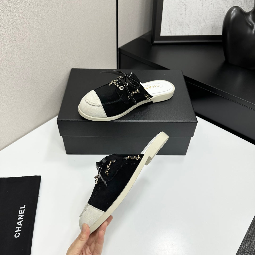 CC 26s Mules Flat Black White Suede Leather 109168
