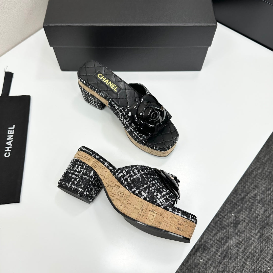 CC 26s Camellia Platform Slippers 65 Black Tweed Lambskin 668179