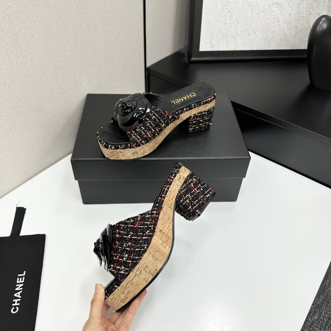 CC 26s Camellia Platform Slippers 65 Black Colorful Tweed Lambskin 668177