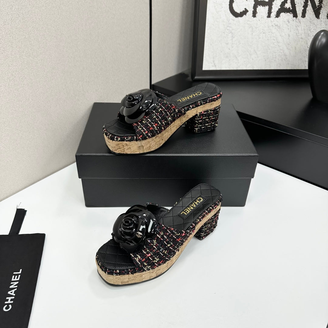 CC 26s Camellia Platform Slippers 65 Black Colorful Tweed Lambskin 668177