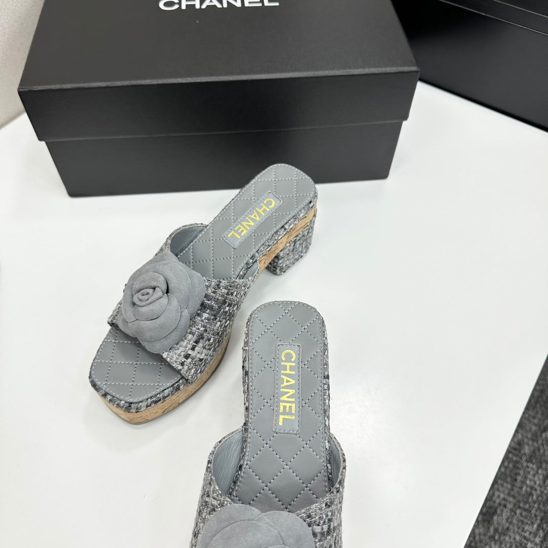 CC 26s Camellia Platform Slippers 65 Grey Tweed Lambskin 668174