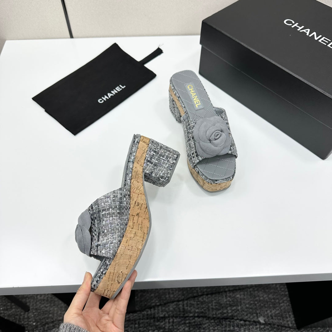 CC 26s Camellia Platform Slippers 65 Grey Tweed Lambskin 668174