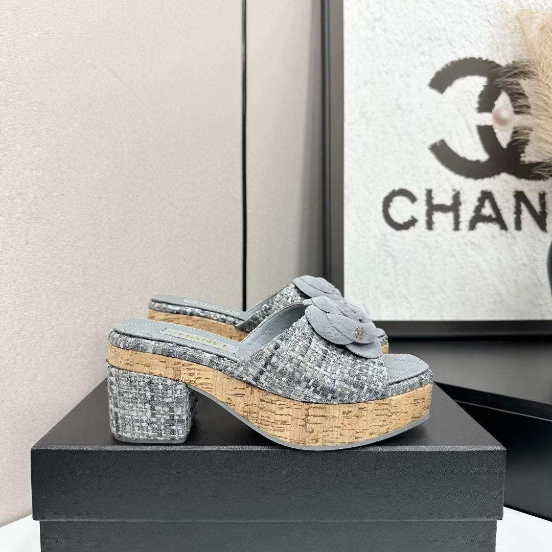CC 26s Camellia Platform Slippers 65 Grey Tweed Lambskin 668174