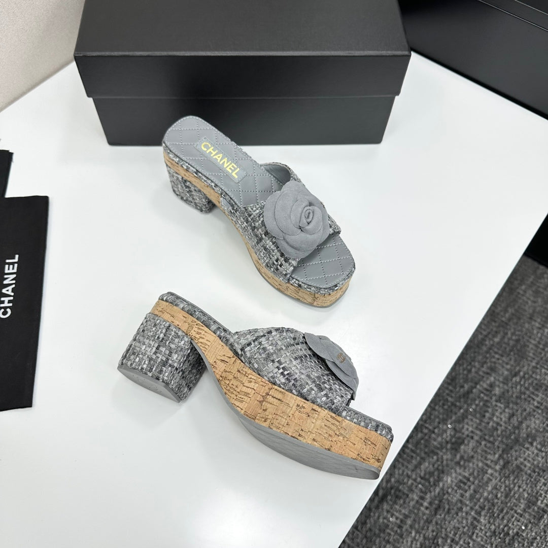 CC 26s Camellia Platform Slippers 65 Grey Tweed Lambskin 668174