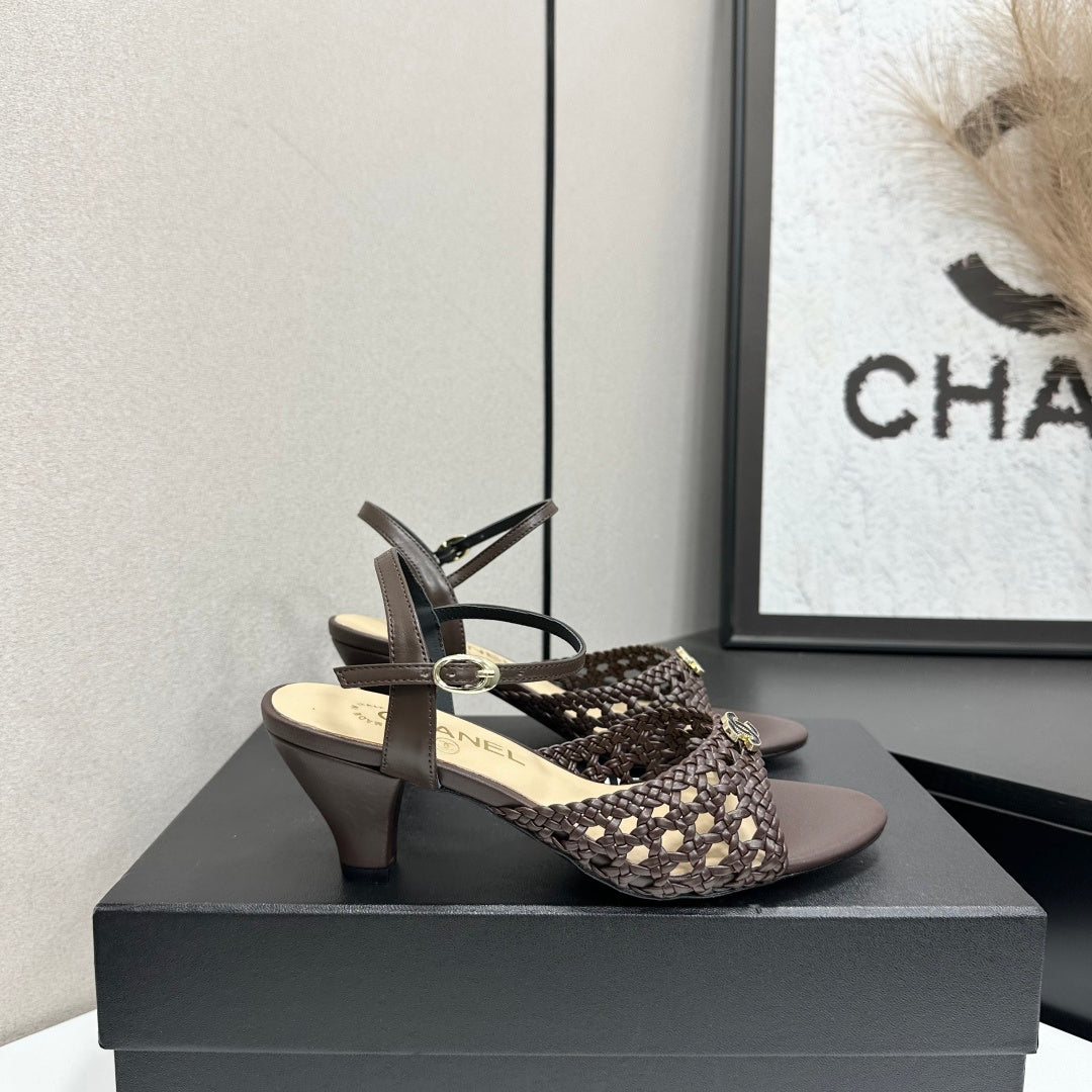 CC Openwork Sandals Coffee Woven Sheepskin 743266