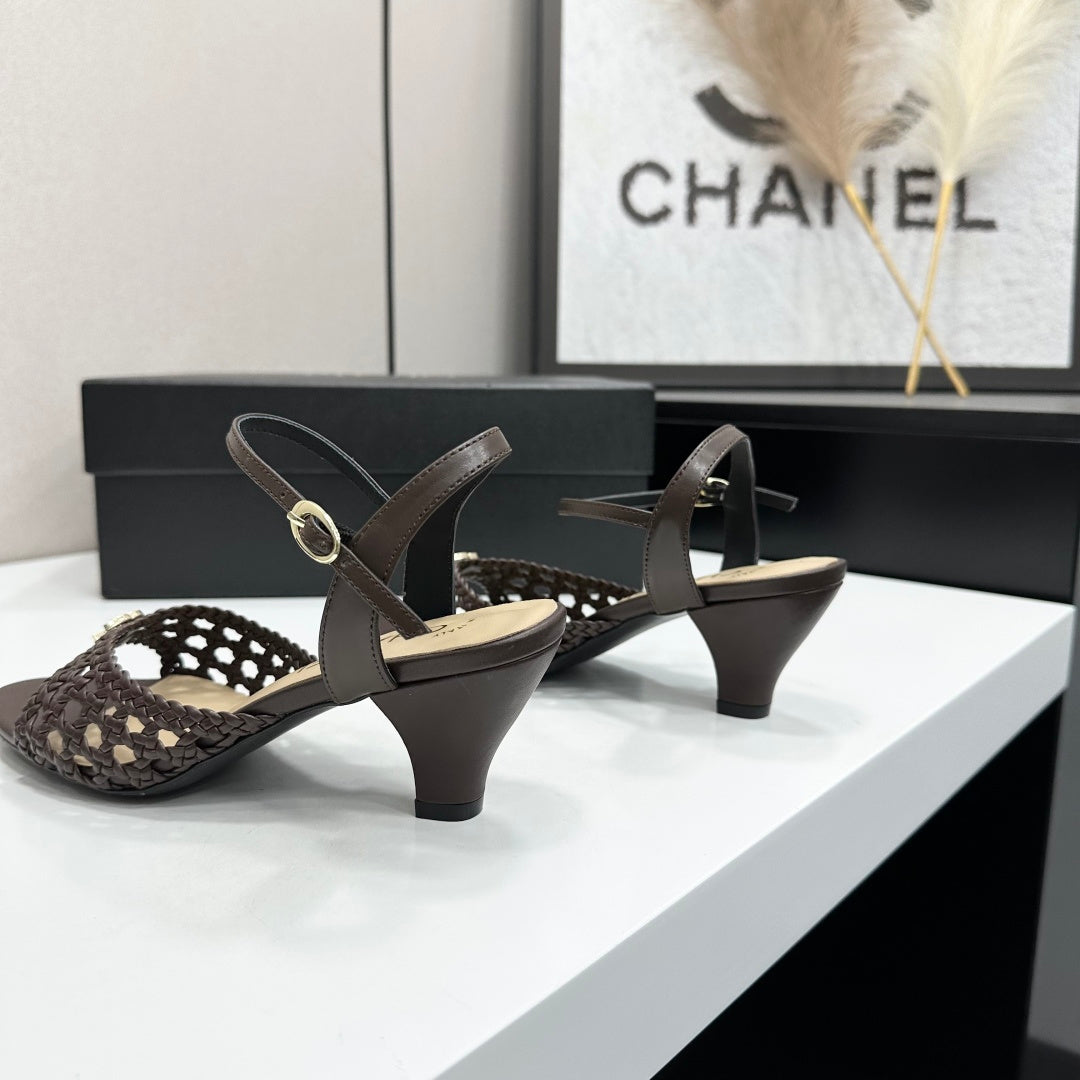CC Openwork Sandals Coffee Woven Sheepskin 743266