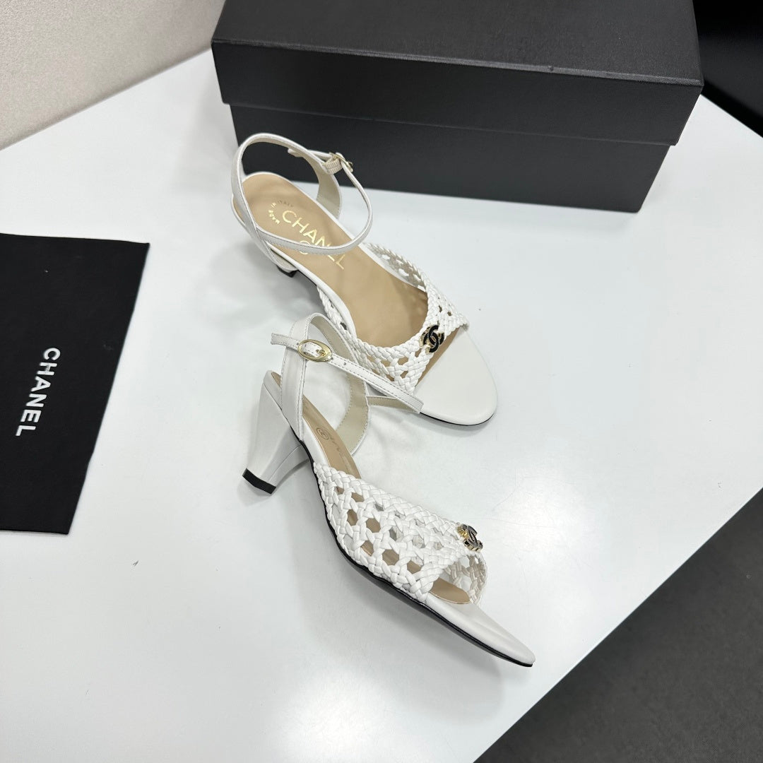 CC Openwork Sandals White Woven Sheepskin 743267