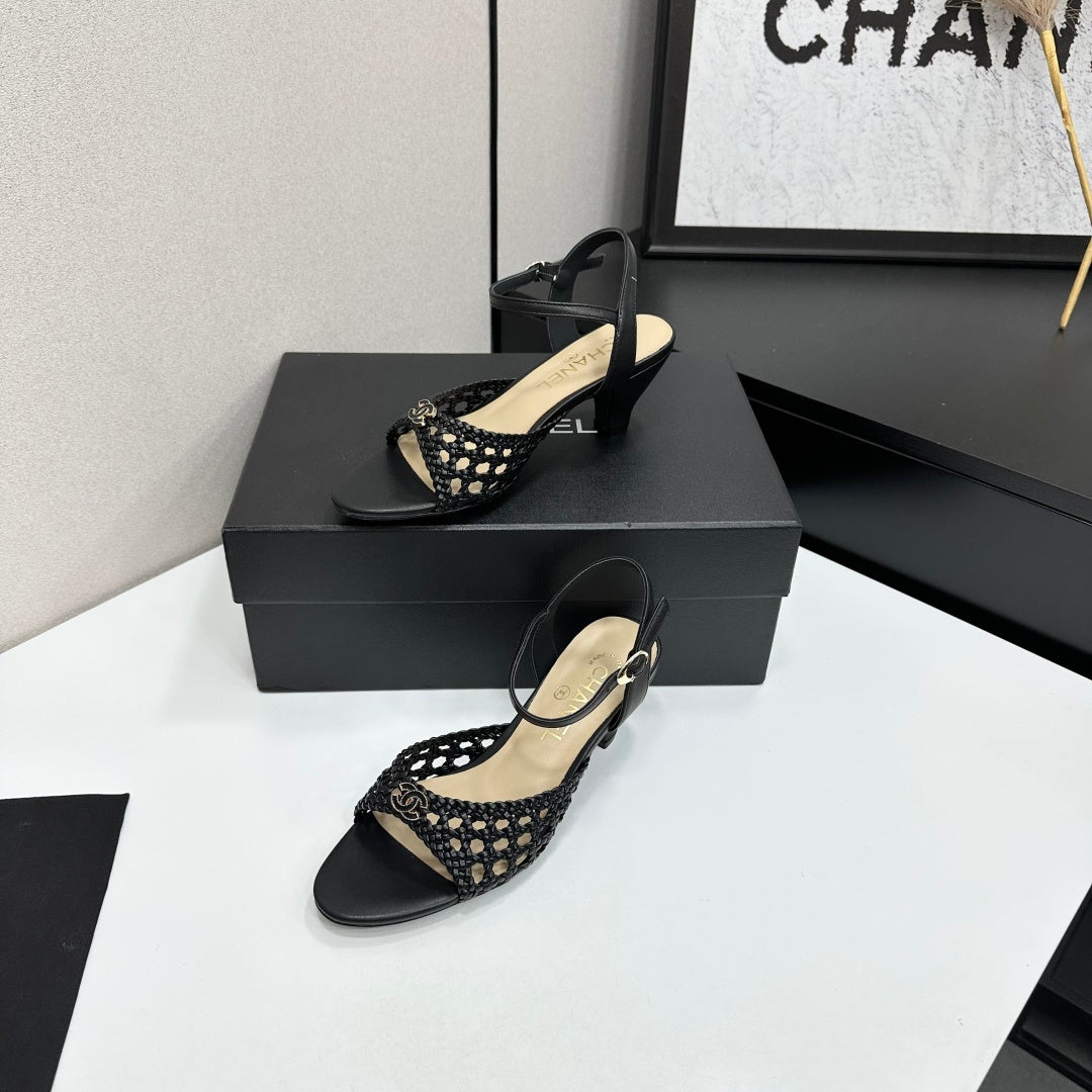 CC Openwork Sandals Black Woven Sheepskin 743268