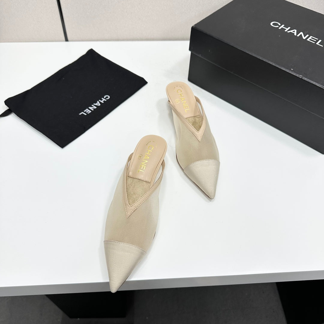 CC 26s Pointed-Toe Kitten Heel Mules Beige Mesh 926392