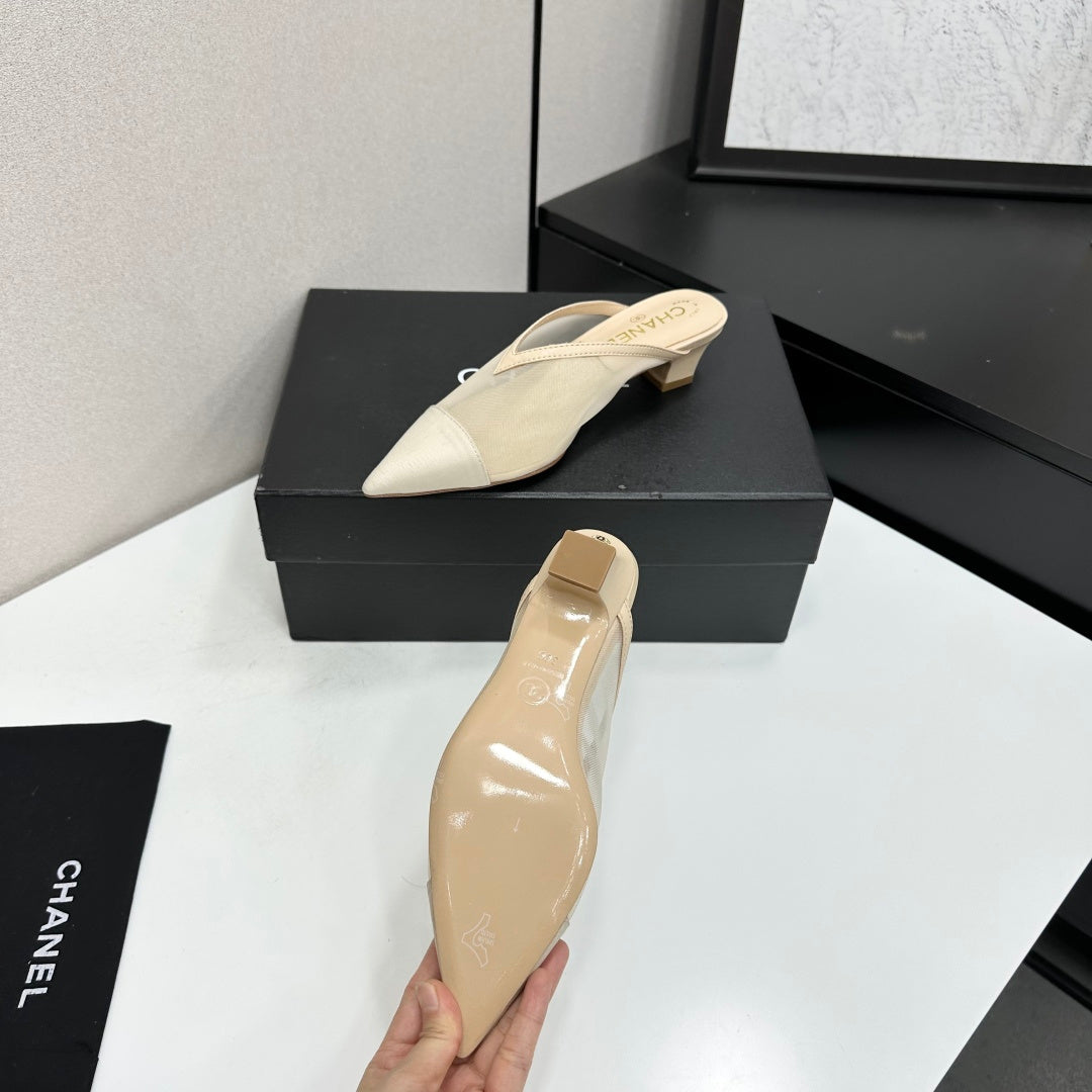 CC 26s Pointed-Toe Kitten Heel Mules Beige Mesh 926392