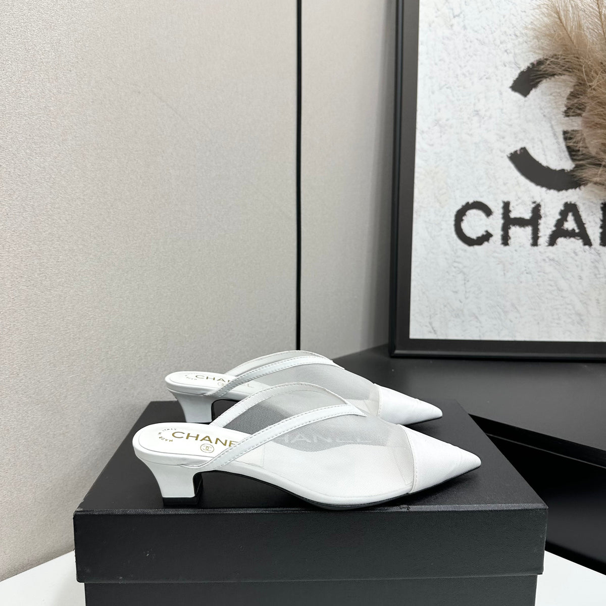 CC 26s Mules White Fabric Grosgrain Calfskin 135482