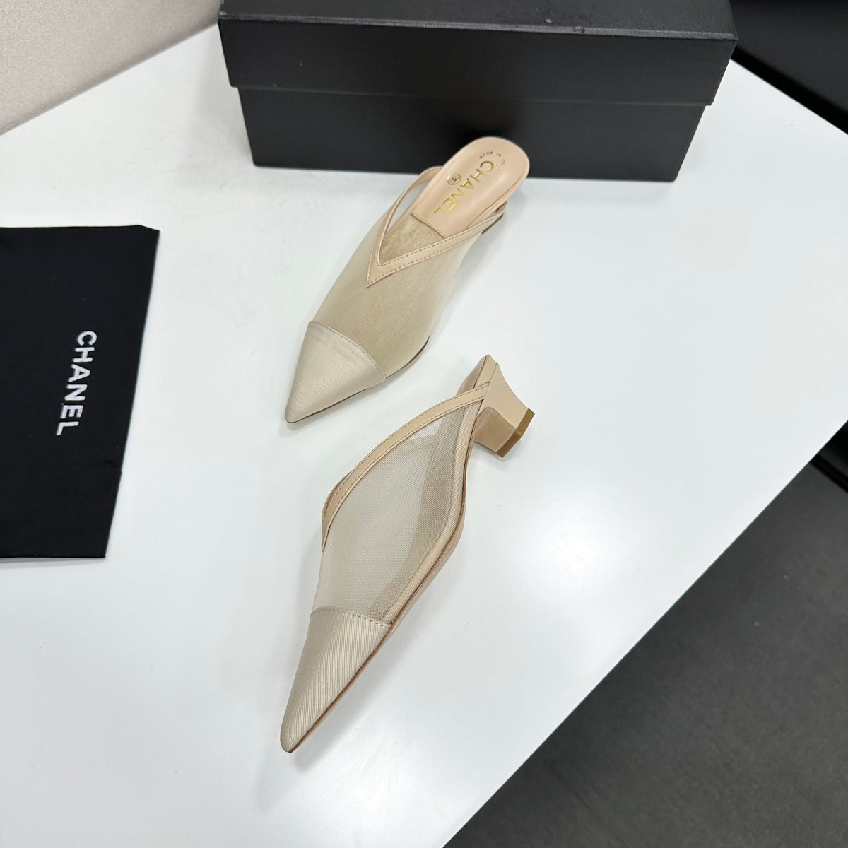 CC 26s Mules Beige Fabric Grosgrain Calfskin 135484