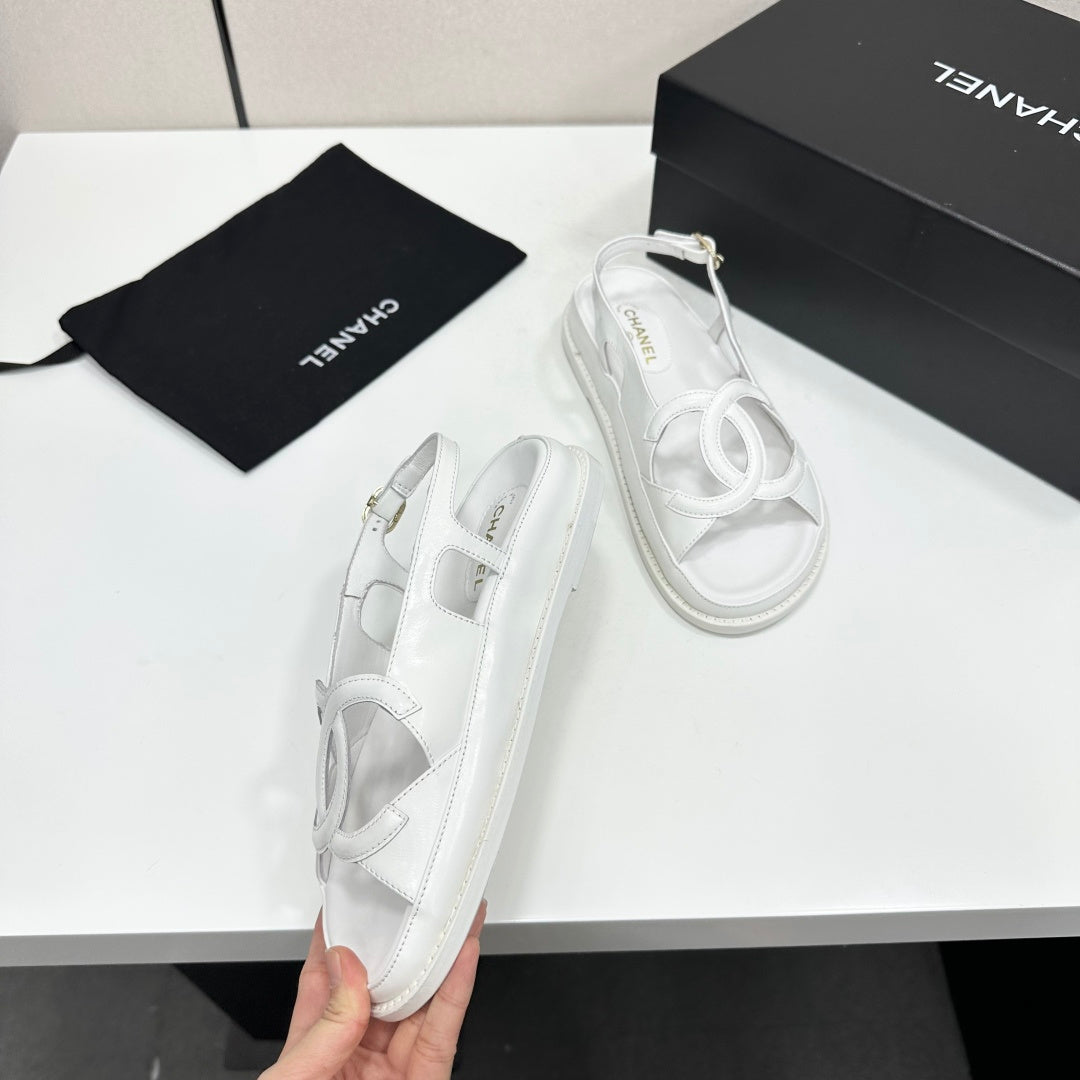 Chanel 26s Flat Sandals In White Lambskin