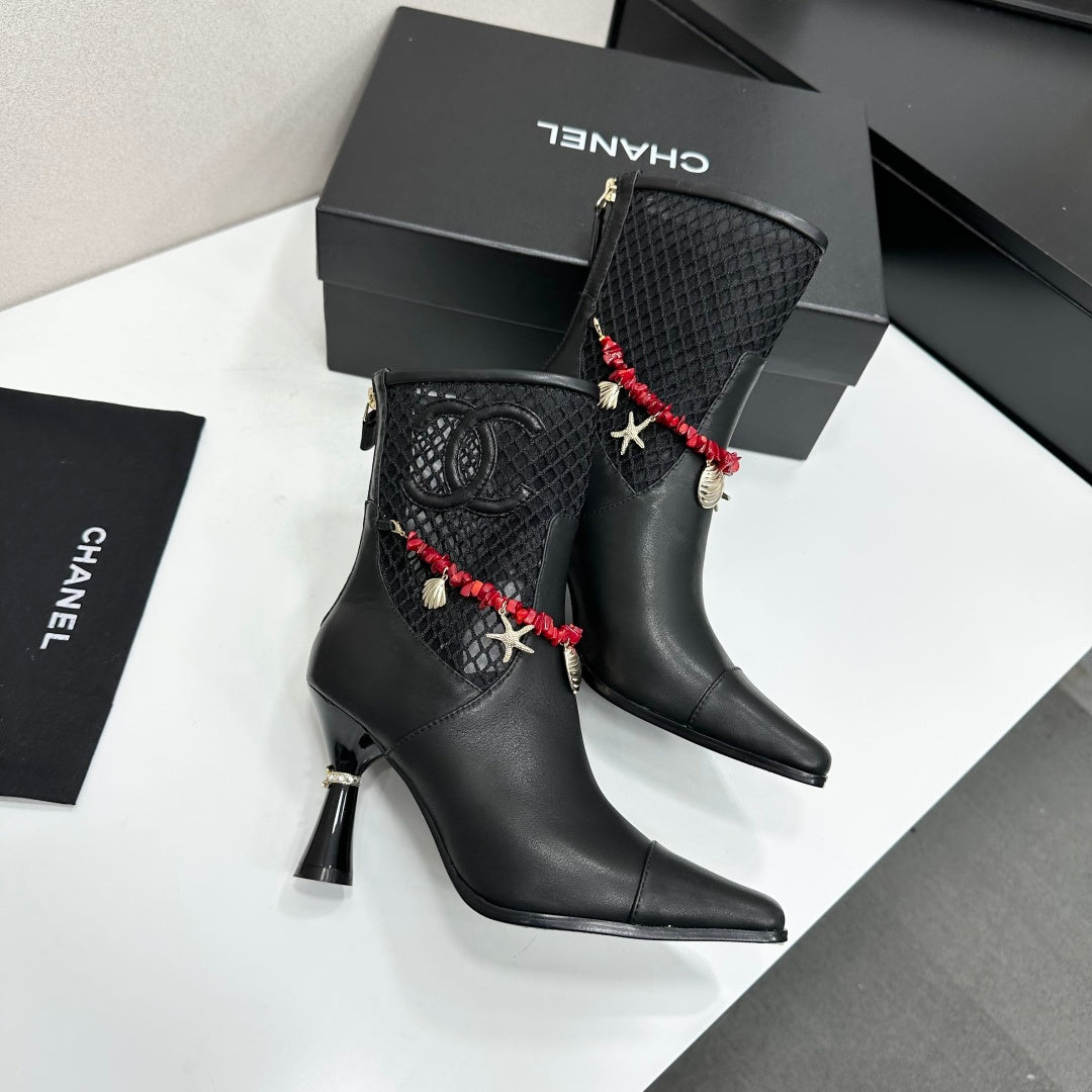 CC 26s Ankle Boots Seashell Charms Black Mesh Leather 944676