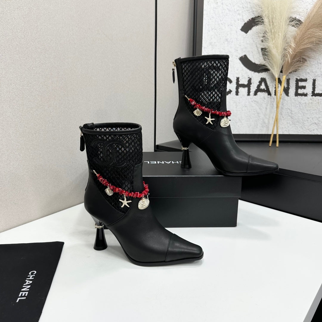 CC 26s Ankle Boots Seashell Charms Black Mesh Leather 944676