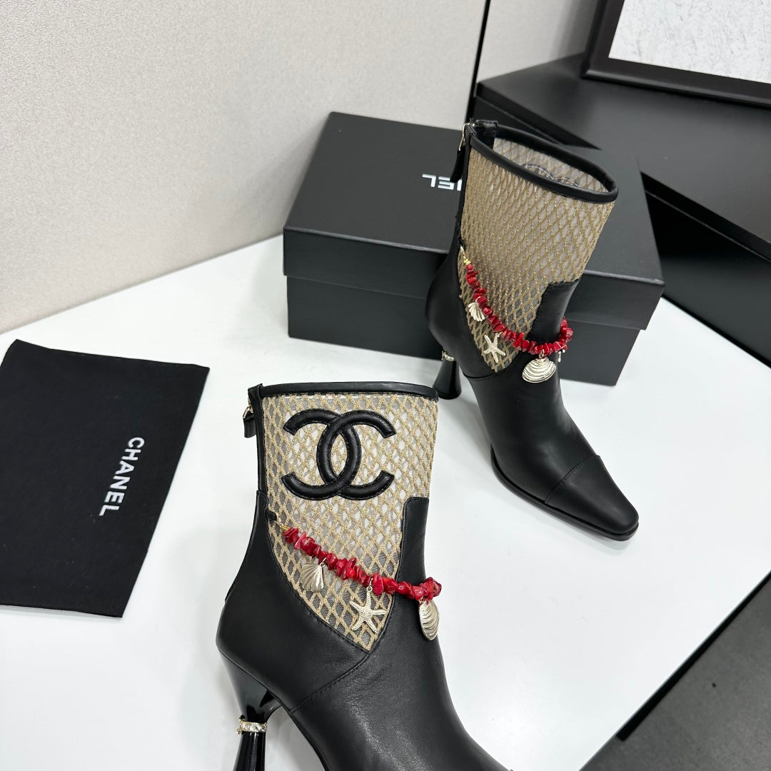 CC 26s Ankle Boots Seashell Charms Black Beige Mesh Leather 944677