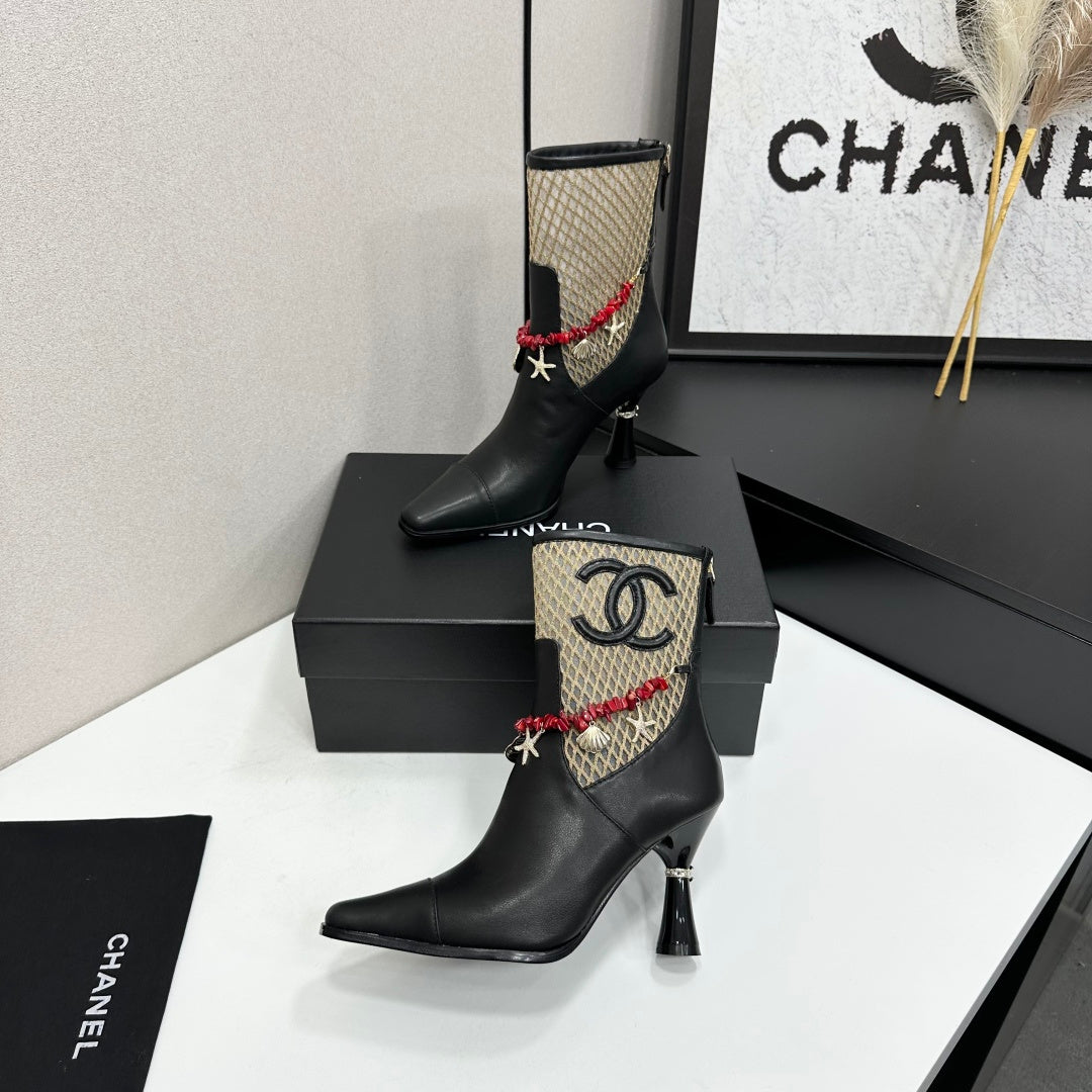 CC 26s Ankle Boots Seashell Charms Black Beige Mesh Leather 944677