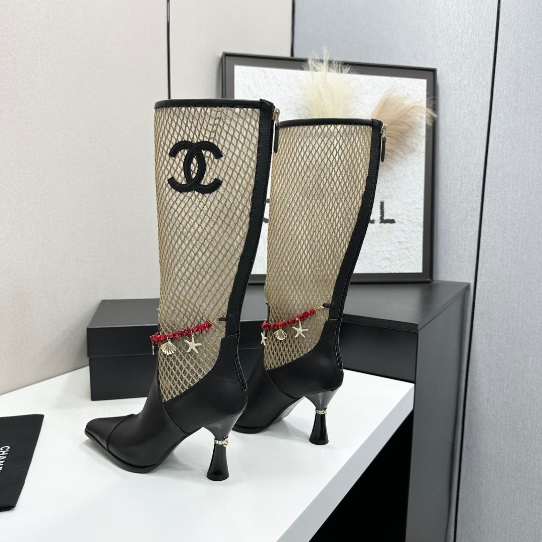 CC 26s Knee-High Boots Seashell Charms Black Beige Mesh Leather 944678