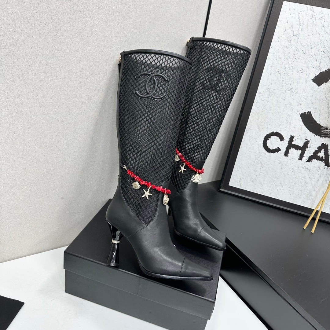 CC 26s Knee-High Boots Seashell Charms Black Mesh Leather 944679