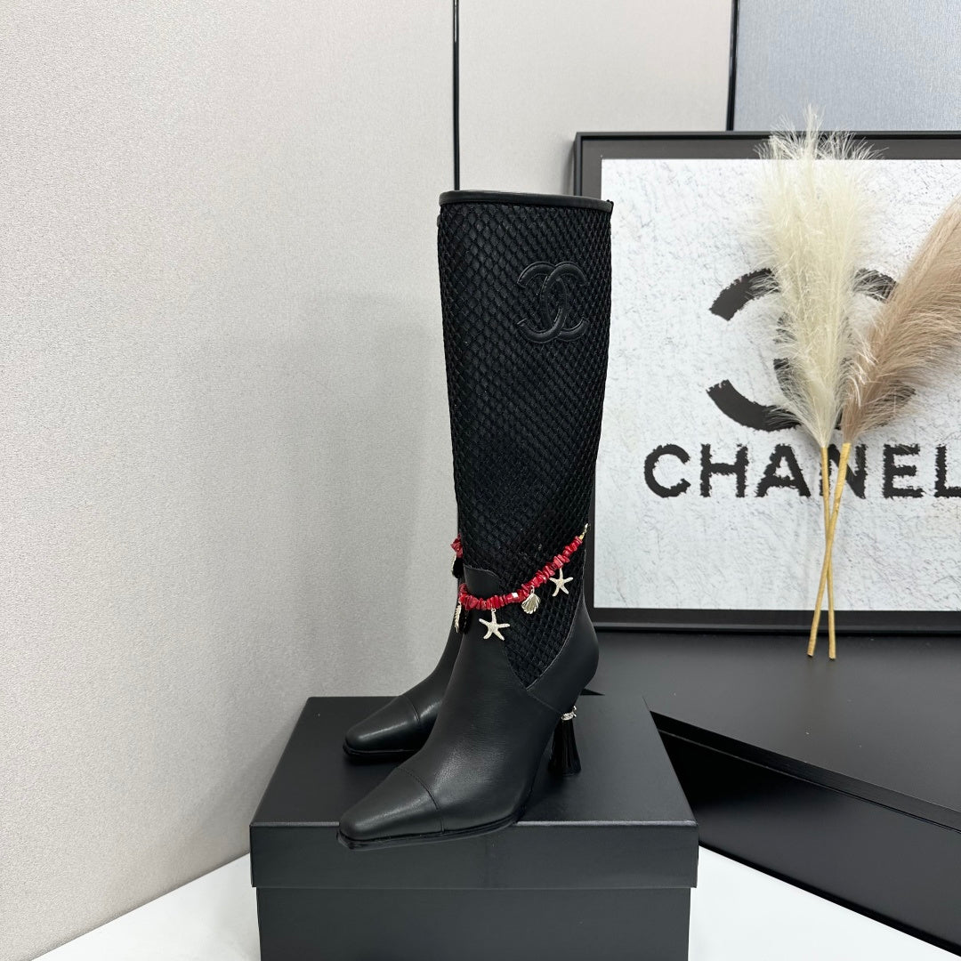 CC 26s Knee-High Boots Seashell Charms Black Mesh Leather 944679