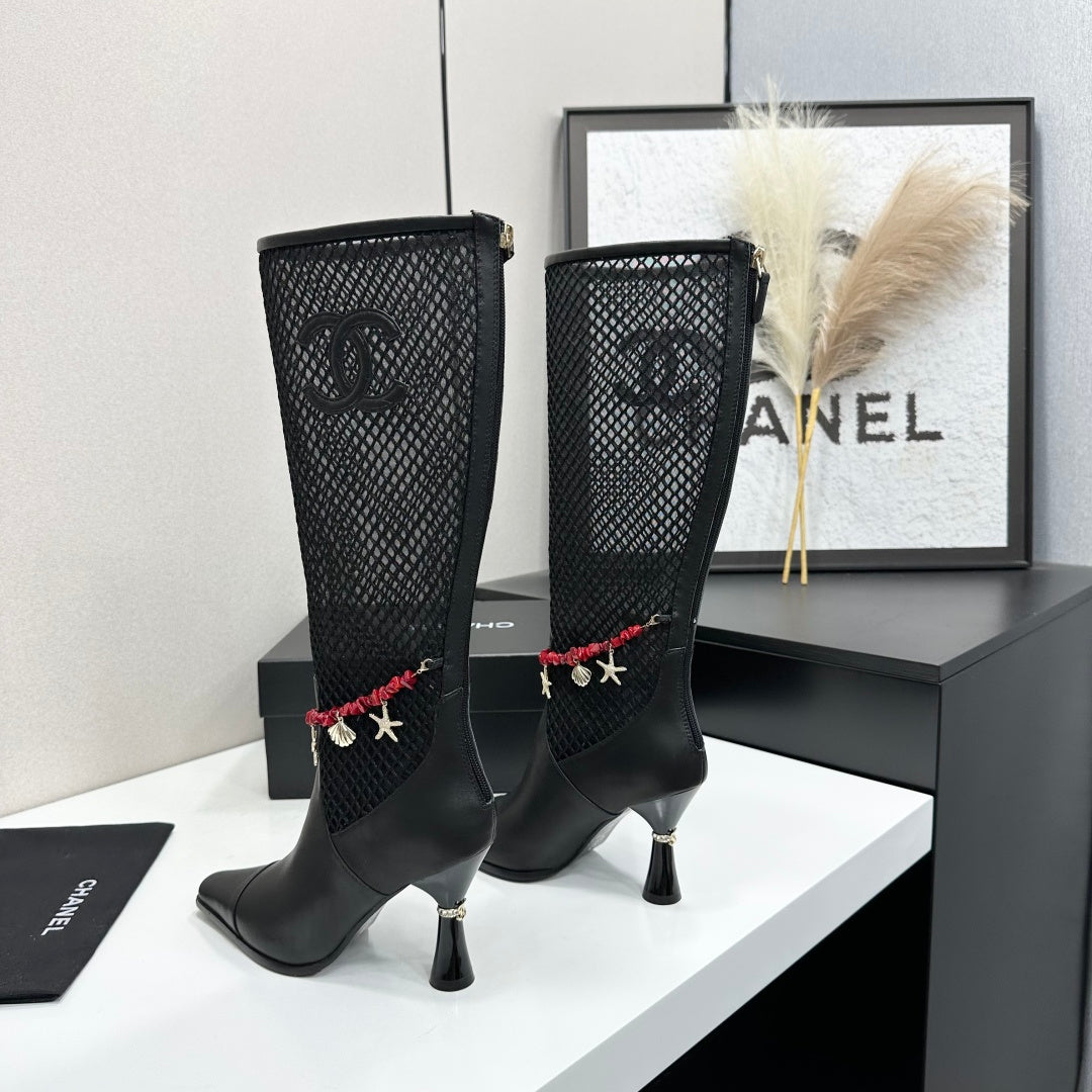 CC 26s Knee-High Boots Seashell Charms Black Mesh Leather 944679