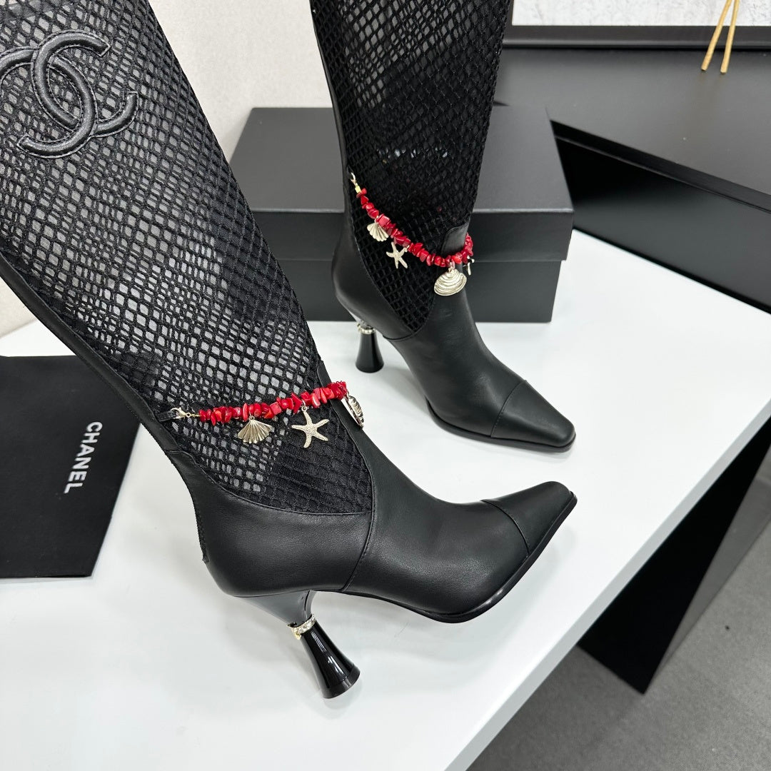 CC 26s Knee-High Boots Seashell Charms Black Mesh Leather 944679