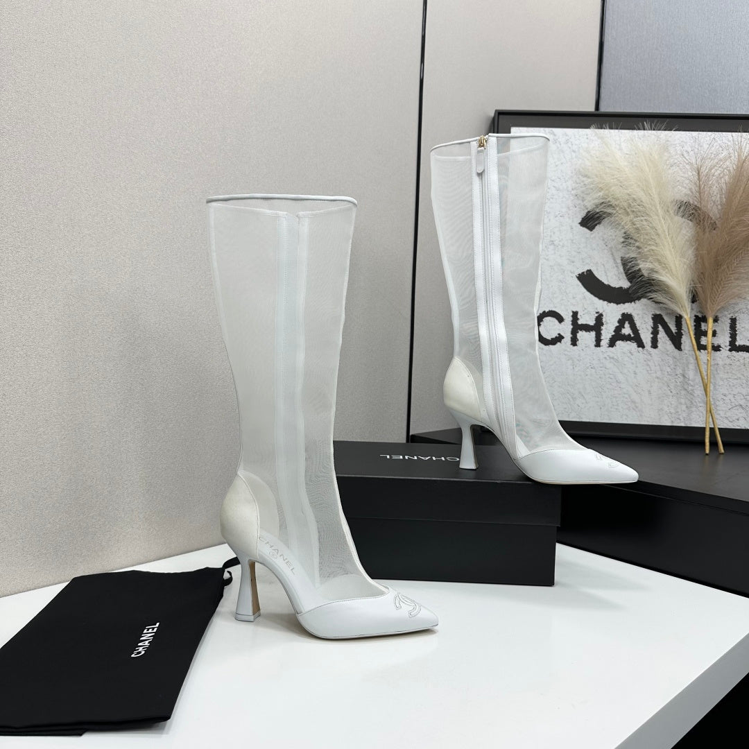 CC 26s Mesh Knee High Boots White Leather 109222