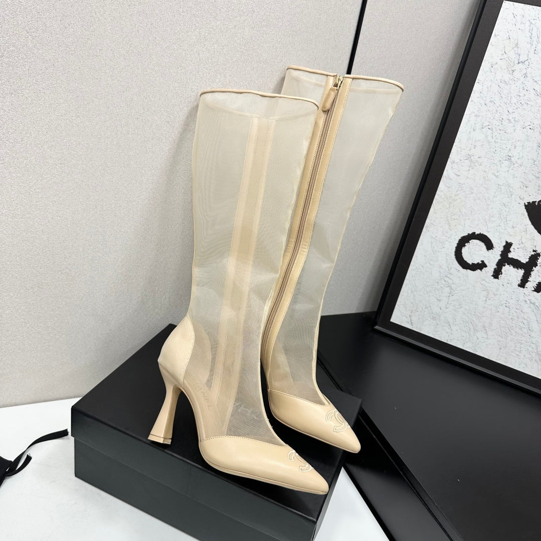 CC 26s Mesh Knee High Boots Apricot Leather 109225