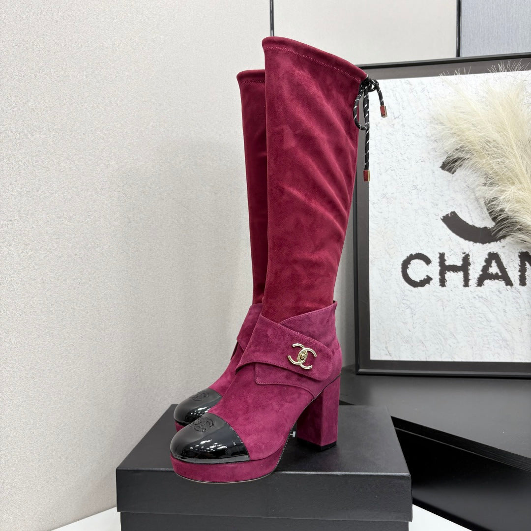CC 2026 Tall Boots Burgundy Black Logo Suede Leather 193650
