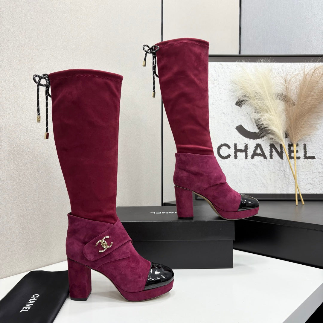 CC 2026 Tall Boots Burgundy Black Logo Suede Leather 193650