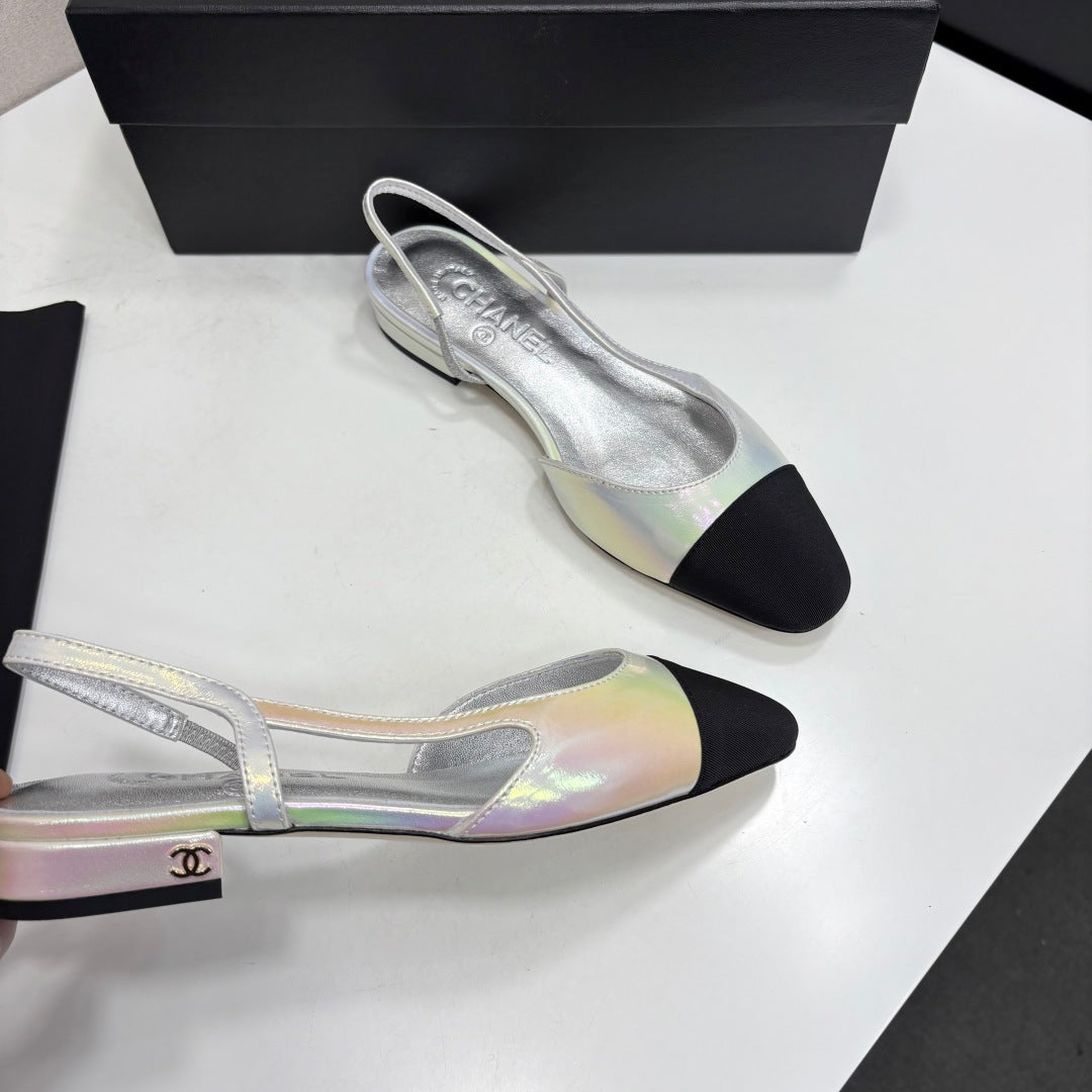 CC 2026 Slingbacks Silver Black Logo Iridescent Rainbow Lambskin 193786