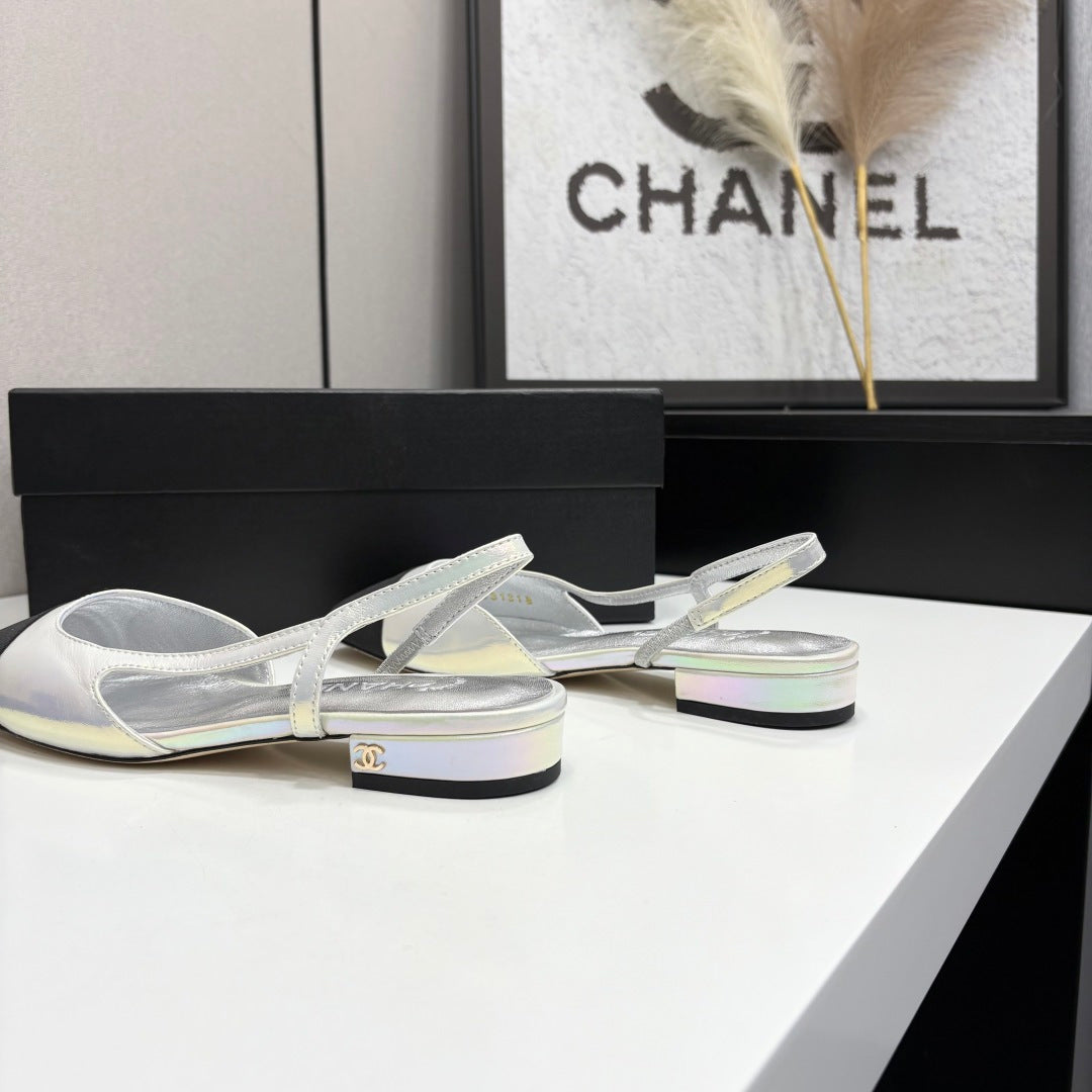 CC 2026 Slingbacks Silver Black Logo Iridescent Rainbow Lambskin 193786